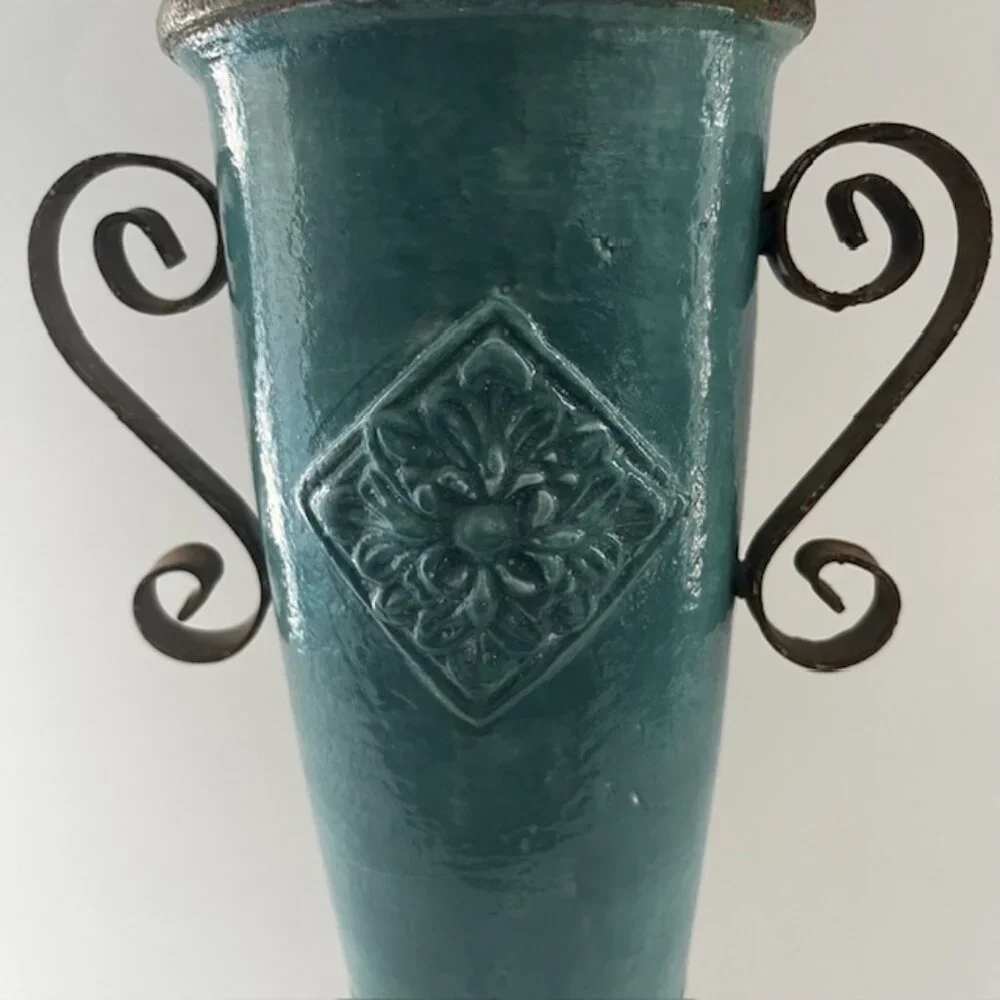 Glazed Ceramic Planter Vase Distressed Rustic Tuscan Scroll Metal Handles Aqua